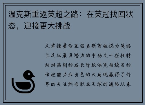 温克斯重返英超之路：在英冠找回状态，迎接更大挑战